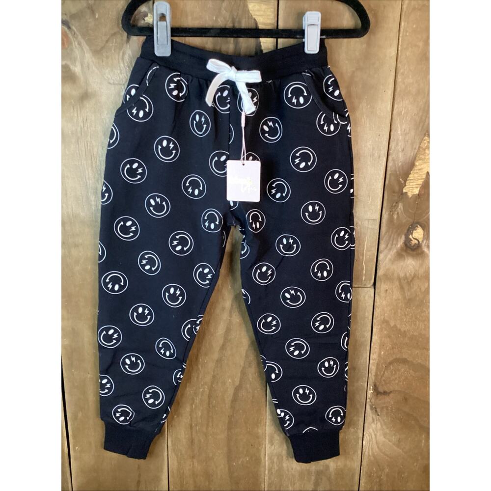 Blush Lotus Black With White Smiley Face French Terry Jogger Size 7Y